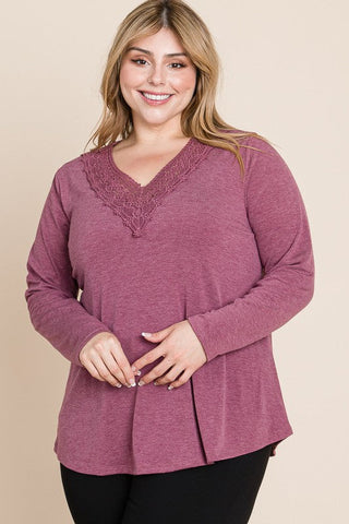 Plus Size GREY Lace Patch Neckline Long Sleeve Top