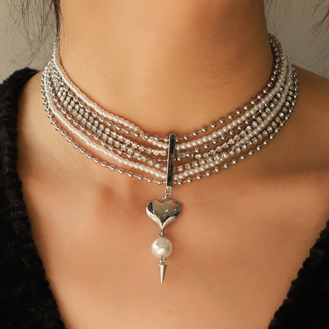 Layered Synthetic Pearl Rhinestone Heart Pendant Necklace - ONLINE ONLY