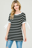 BLACK STRIPED TOP WITH CONTRAST TIED SLEEVE
