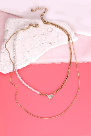 DOUBLE MINI HEART PEARL CHAIN NECKLACE - IN-STORE
