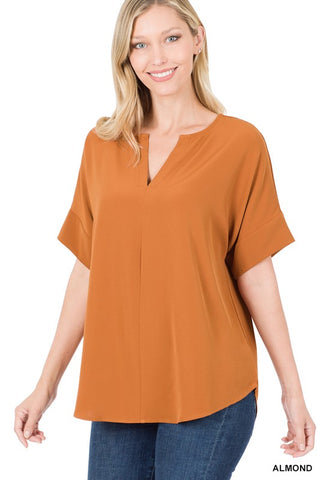 Heavy Woven Span Split Neck Short Sleeve Top - ONLINE ONLY 1-4 DAYS SHIPPING