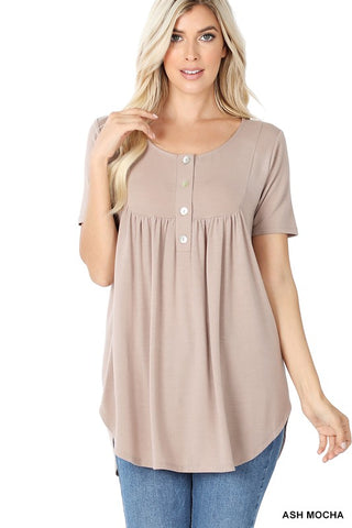 Short Sleeve Dolphin Hem Shell Button Top - ONLINE ONLY - SHIPS 1-4 DAYS