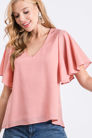 MAUVE FLUTTER SLEEVE WOVEN TOP - IN-STORE