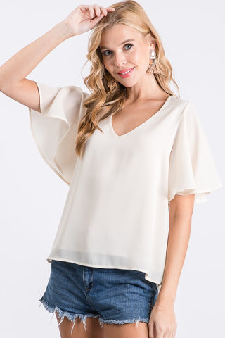 IVORY FLUTTER SLEEVE WOVEN TOP