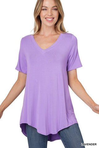 Luxe Rayon Short Sleeve V-Neck Hi-Low Hem Top - ONLINE ONLY 1-4 DAYS SHIPPING