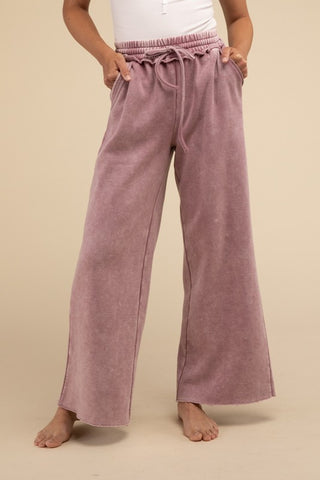 Acid Wash Fleece Palazzo Sweatpants with Pockets - ONLINE ONLY - 1-4 DAYS SHIPPING