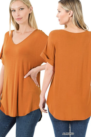 Luxe Rayon Short Cuff Sleeve V-Neck Round Hem Top. - ONLINE ONLY 1-4 DAYS SHIPPING