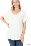 Luxe Rayon Short Cuff Sleeve V-Neck Round Hem Top. - ONLINE ONLY 1-4 DAYS SHIPPING