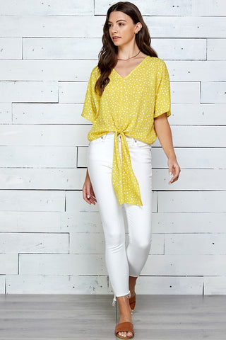 Yellow Woven short sleeve top with self tie front