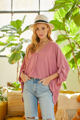 Mauve Oversized 3/4 Sleeve Woven Top- IN-STORE