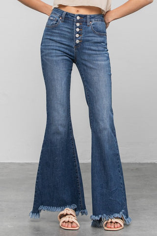 Button Fly Fray Hem Flare Jeans - ONLINE ONLY - SHIPS IN 1-4 DAYS