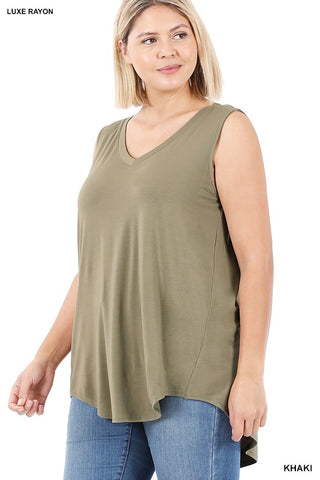 Plus Luxe Rayon Sleeveless V-Neck Hi-Low Hem Top - ONLINE ONLY 1-4 DAYS SHIPPING