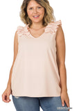 Plus Woven Wool Dobby Ruffle Trim Sleeveless Top - ONLINE ONLY 1-4 DAYS SHIPPING