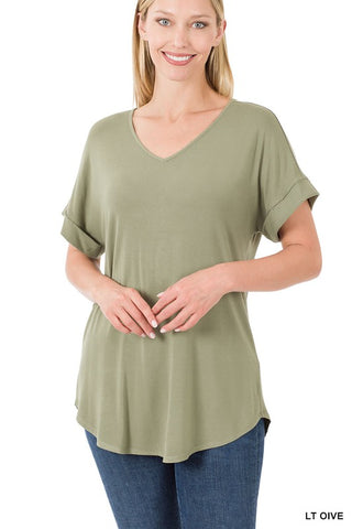 Luxe Rayon Short Cuff Sleeve V-Neck Round Hem Top - ONLINE ONLY 1-4 DAYS SHIPPING