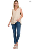 Linen Pre-Washed Frayed Edge V-Neck Sleeveless Top - ONLINE ONLY 1-4 DAYS SHIPPING