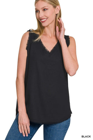 Linen Pre-Washed Frayed Edge V-Neck Sleeveless Top - ONLINE ONLY 1-4 DAYS SHIPPING