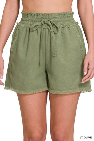 Linen Frayed Hem Drawstring Shorts with Pockets - ONLINE ONLY - SHIPS IN 1-4 DAYS