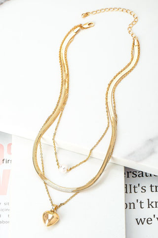 3 row herringbone chain pearl and puffy heart - ONLINE ONLY SHIPS IN 1-4 DAYS