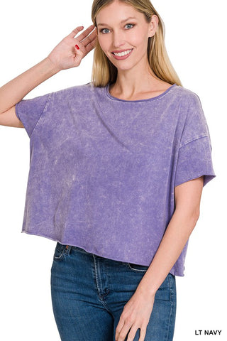 Acid Wash Raw Edge Short Sleeve Crop Top - ONLINE ONLY 1-4 DAYS SHIPPING