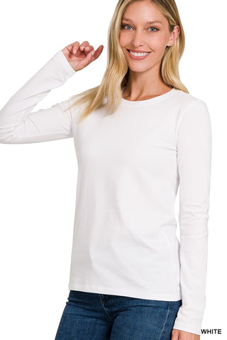 COTTON CREW NECK LONG SLEEVE T-SHIRT- White