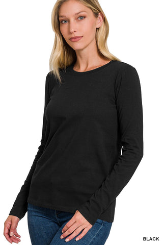 COTTON CREW NECK LONG SLEEVE T-SHIRT- Black