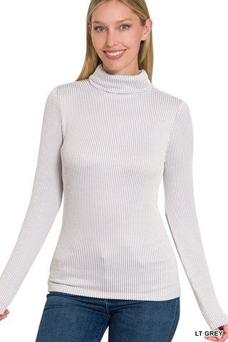 RIBBED TURTLE NECK LONG SLEEVE TOP- Light Grey