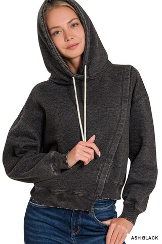 ACID WASH ASYMMETRICAL DETAILED FLEECE HOODIE- Ash Black