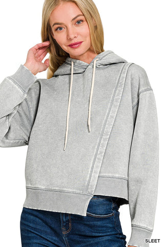 ACID WASH ASYMMETRICAL DETAILED FLEECE HOODIE- Sleet