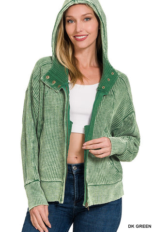 ACID WASH COTTON WAFFLE HOODED ZIP-UP JACKET- DEEP GREEN