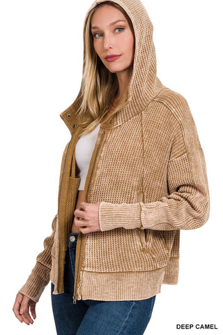 Acid Wash Cotton Waffle Hooded Zip Up Jacket