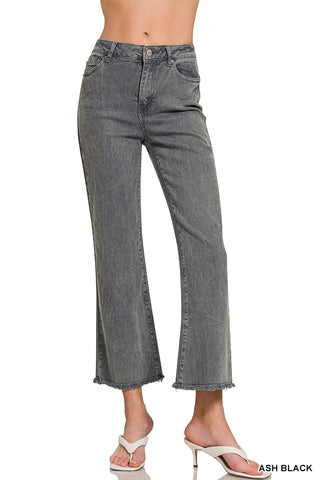 ACID WASHED HIGH WAIST FRAYED HEM BOOTCUT PANTS- ASH BLACK