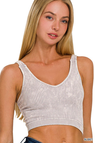 WASHED RIBBED CROPPED SEAMLESS V-NECK TANK TOP- Light Gray