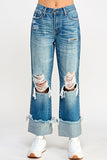 HIGH RISE DISTRESSED CUFFED STRAIGHT JEANS - ONLINE ONLY - SHIPS IN 1-4 DAYS