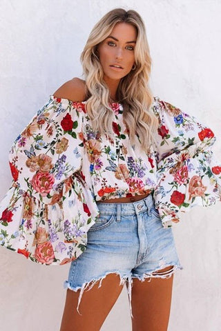 Women's Printed Off Shoulder Blouse Shirt Top - ONLINE ONLY - 1-4 DAY SHIPPING