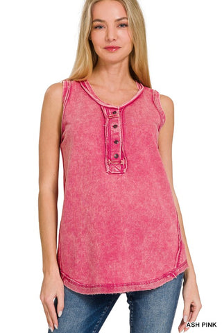 Washed Half-Button Raw Edge Sleeveless Henley Top - ONLINE ONLY - SHIPS 1-4 DAYS