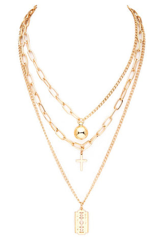 Mix Charm Cross Razor Layered Pendant Necklace - ONLINE ONLY SHIPS IN 1-4 DAYS