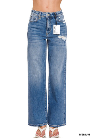 HIGH WAIST STRAIGHT LEG MEDIUM WASH DENIM PANTS- IN-STORE