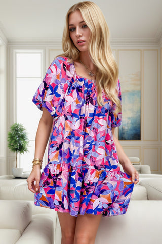 Printed Square Neck Short Sleeve Mini Dress - ONLINE ONLY