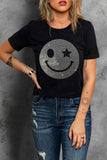 Rhinestone Smiley Round Neck Short Sleeve T-Shirt - ONLINE ONLY - 7-10 SHIPPING