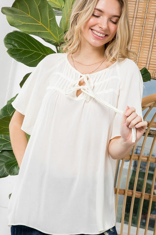 SOLID BOW TIE PEASANT TOP - ONLINE ONLY - SHIPS 1-4 DAYS