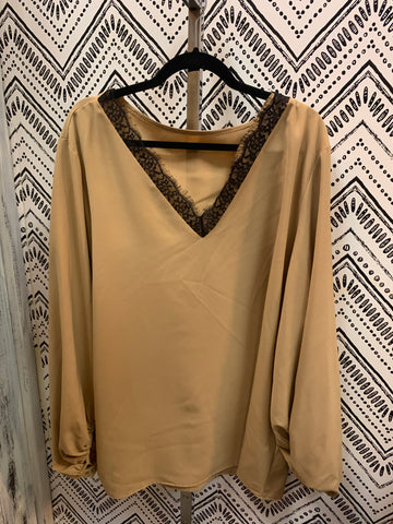 Plus Tan Lace V Neck Blouse - IN-STORE ONLY