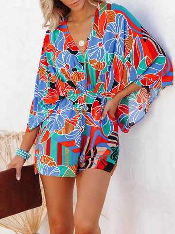 Tied Printed Kimono Sleeve Romper - ONLINE ONLY