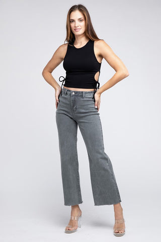 Acid Wash Frayed Cutoff Hem Straight Wide Pants - ONLINE ONLY - 1-4 DAYS SHIPPING