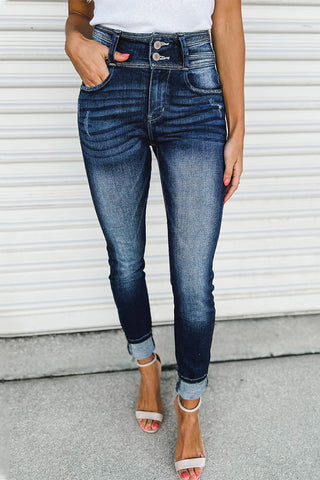 Blue Vintage Washed Two-button High Waist Skinny Jeans - IN-STORE
