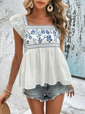 Embroidered Square Neck Cap Sleeve Blouse - ONLINE ONLY