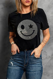 Rhinestone Smiley Round Neck Short Sleeve T-Shirt - ONLINE ONLY - 7-10 SHIPPING