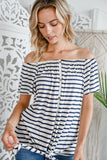 STRIPE OFF SHOULDER BUTTON DOWN TOP - ONLINE ONLY - SHIPS 1-4 DAYS