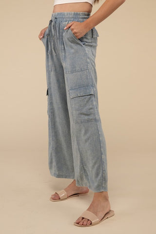 Washed Linen Elastic Band Waist Cargo Pants - ONLINE ONLY - 1-4 DAYS SHIPPING