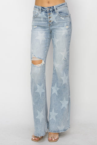 RISEN Mid Rise Button Fly Start Print Flare Jeans - ONLINE ONLY
