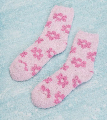 Pink Fuzzy  Flower Socks- IN-STORE